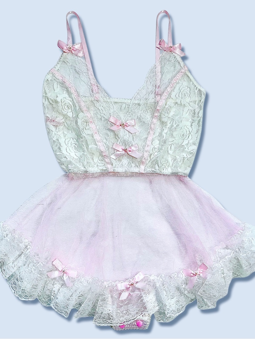 Delicate Lace & Pink Tulle Babydoll Lingerie Romper Handmade Coquette Bow Pearl